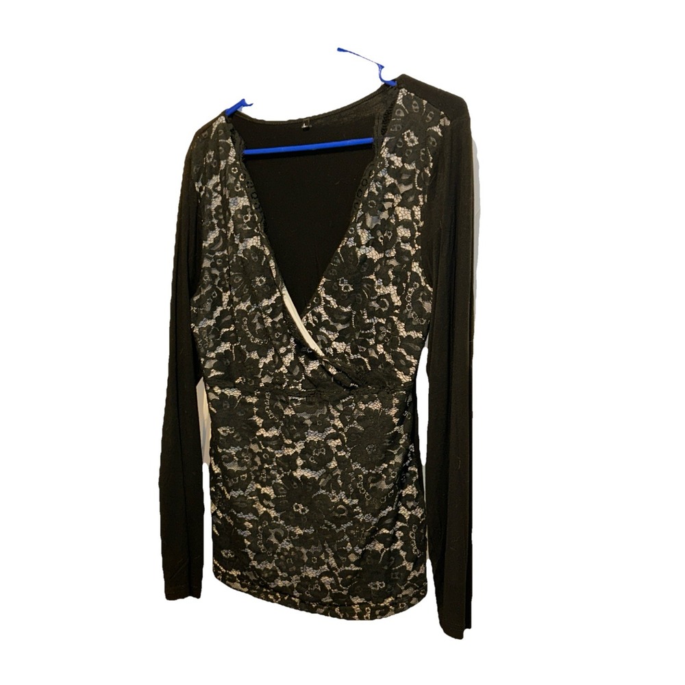 Women's large black lacy whimsy Goth long sleeve shirt stretchy sleeves